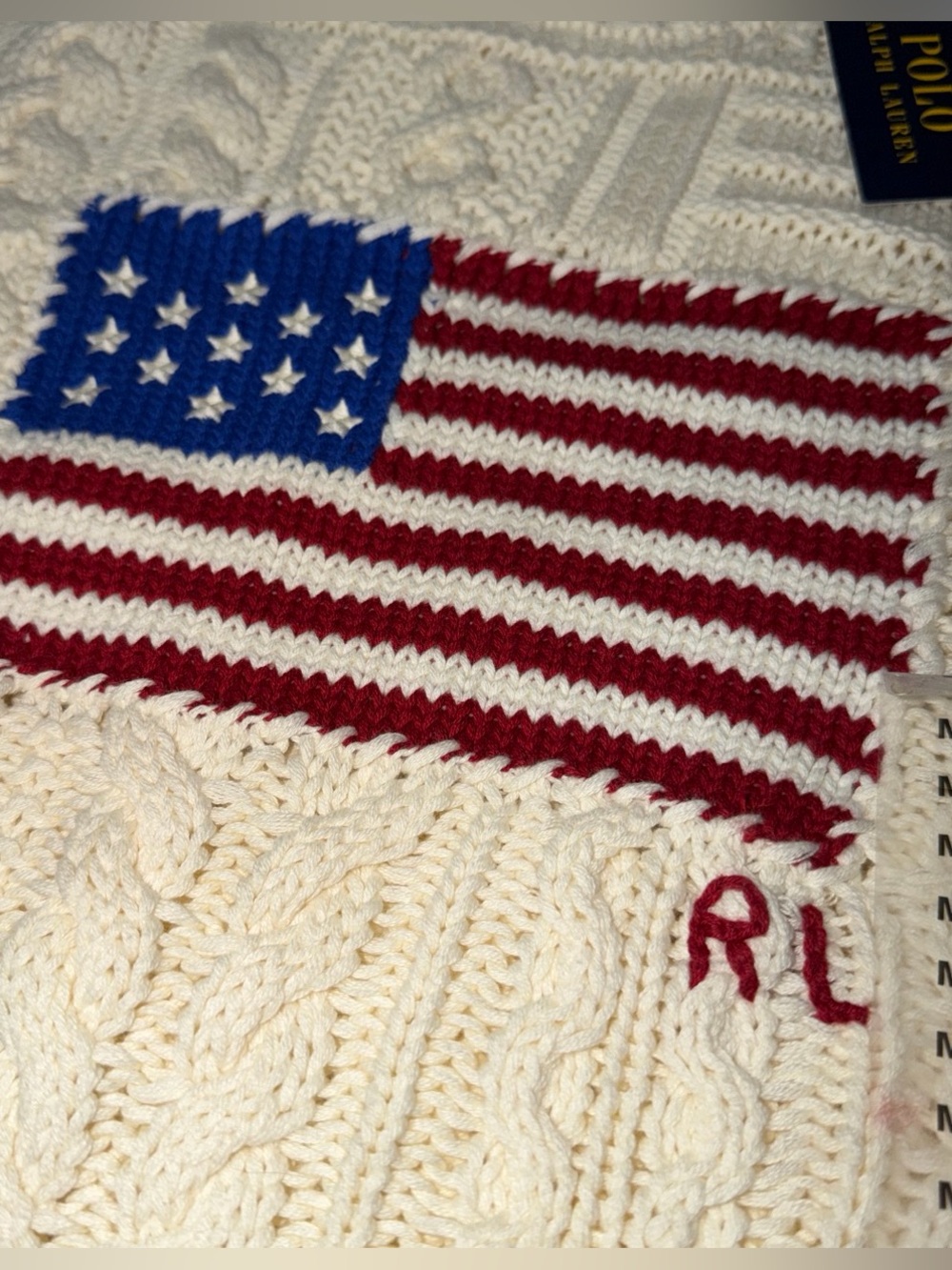 Polo by Ralph Lauren Aran Stitch American Flag Intarsia Crewneck Sweater M NWT - Picture 5 of 12